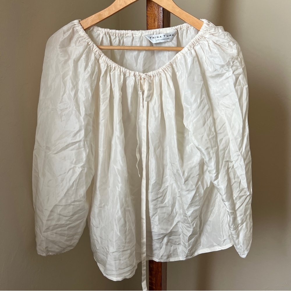 Trina Turk Long Sleeve Top Ivory Shirt Tie Neck Blouse